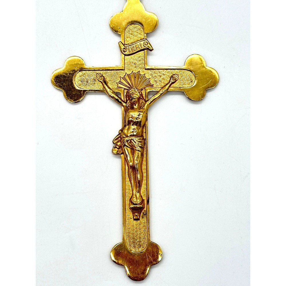 Vintage Brass INRI Crucifix Wall Hanging Cross 6 inch Altar Religious Decor